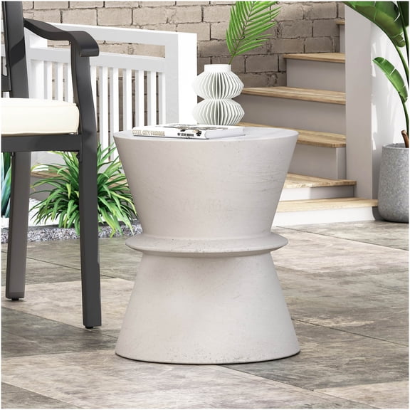 COSMOS Antique White Magnesium Oxide End Table, Lightweight Concrete Outdoor Side Table with Hourglass Design for Patio, Porch, Garden
