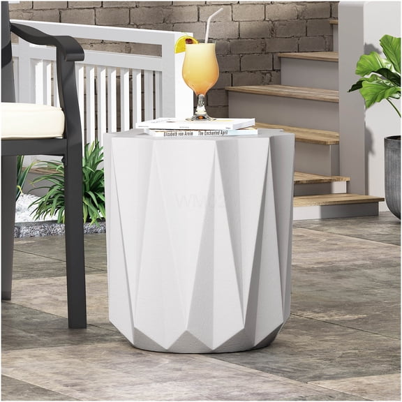 COSMOS Antique White Outdoor Concrete End Table with Geometric Star Top, Lightweight Magnesium Oxide Accent Table for Patio Garden Poolside