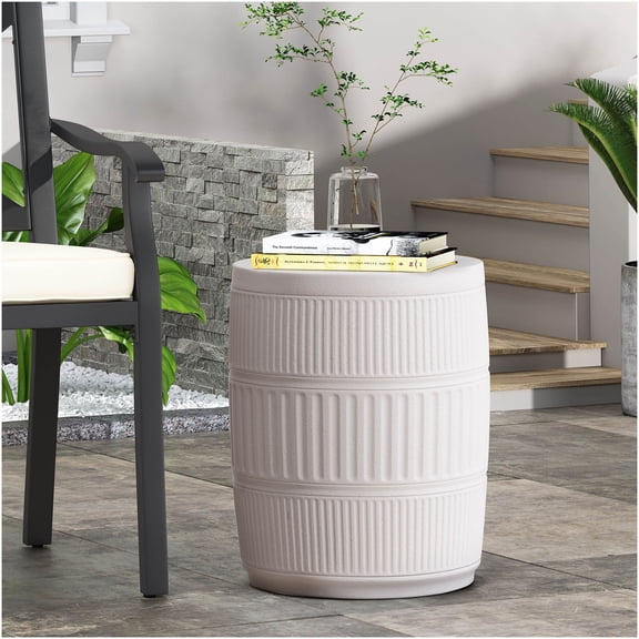 COSMOS Antique White Outdoor End Table, Lightweight Concrete Patio Side Table with Fluted Design for Garden, Deck, Balcony or Lounge