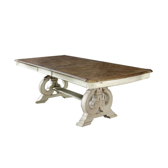 COSMOS Antique White Solid Wood Expandable Dining Table with Leaf - Rustic Farmhouse Trestle Base, Seats 8