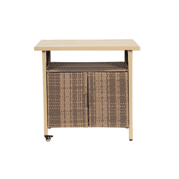COSMOS Beige Outdoor Rolling Bar Cart with Glass Top, Mobile Beverage Serving Cart for Patio Garden Pool Party, Rattan Style Steel Frame Bar Table with Wheels
