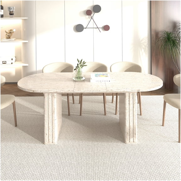 COSMOS Beige Oval Extendable Dining Table for 4 to 8 People, Modern Kitchen Table with Wooden Slat Base, Travertine Look MDF