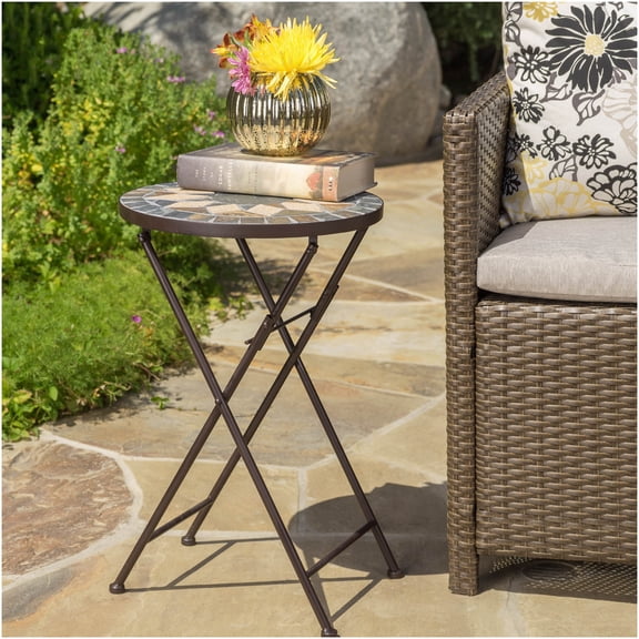 COSMOS Beige and Black Ceramic Iron End Table, Foldable Mosaic Tile Accent Table for Outdoor Patio