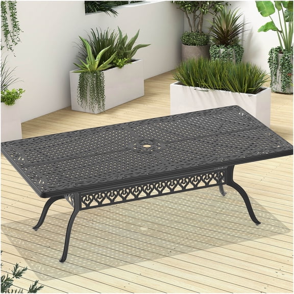 COSMOS Black Aluminum Patio Dining Table with Umbrella Hole, 8-Person Outdoor Dining Table for Garden, Backyard, All-Weather Cast Aluminum Table