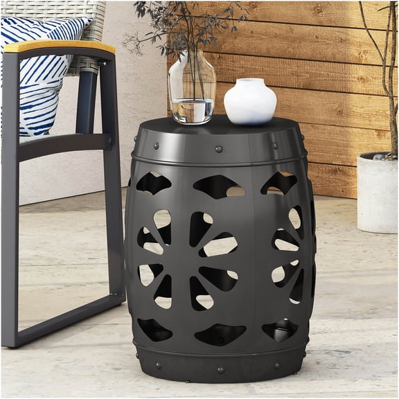 COSMOS Black Barrel End Table with Floral Iron Cut Design, No Assembly Required Metal Side Table for Living Room, Bedroom