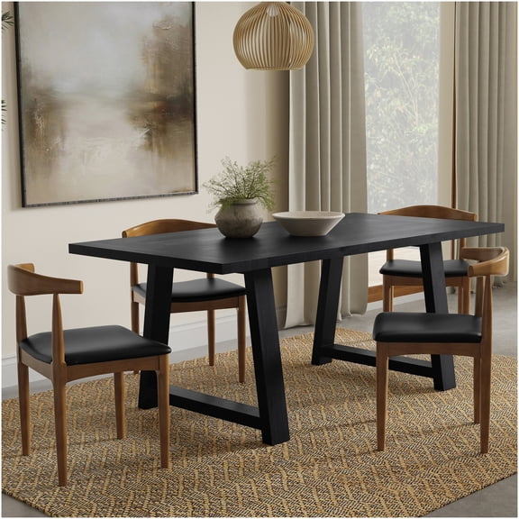 COSMOS Black Farmhouse Dining Table, Solid Mango Wood, Trestle Base, Low VOC Finish, Seats 6