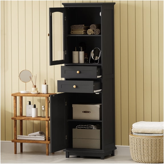 COSMOS Black Freestanding Bathroom Storage Cabinet with Glass Doors, 2 Drawers, Adjustable Shelves, Modern Floor Standing Organizer Tower for Bathroom Essentials