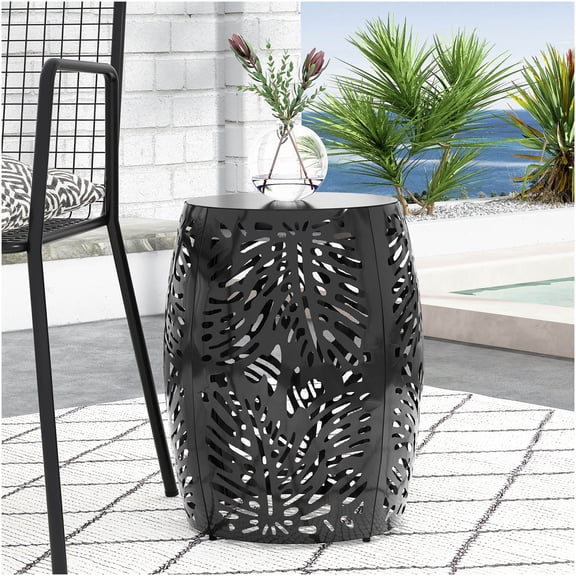COSMOS Black Iron End Table with Modern Tropical Leaf Design for Indoor Outdoor Use