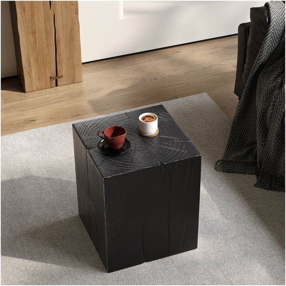 COSMOS Black MGO Square End Table with Wood Look Finish for Indoor and Outdoor Use, Rustic Column Side Table for Living Room, Patio, Deck