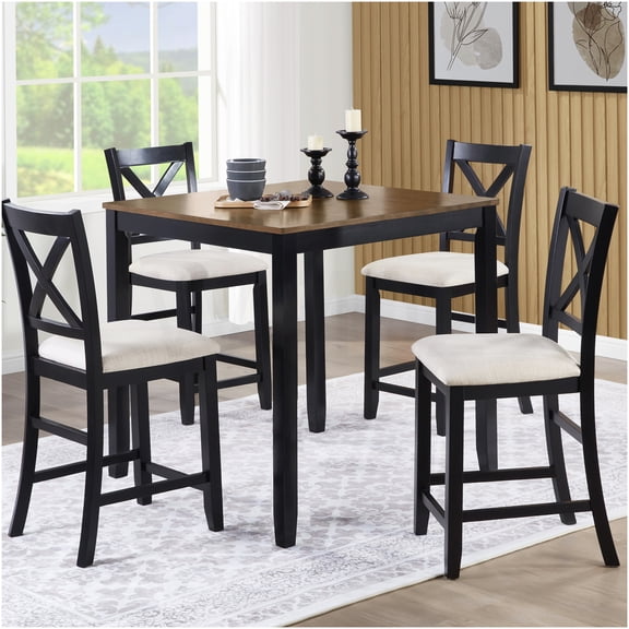 COSMOS Black & Oak 5-Piece Counter Height Dining Set, Farmhouse Kitchen Table with 4 Upholstered Chairs, Space Saving Square Table for Small Dining Room