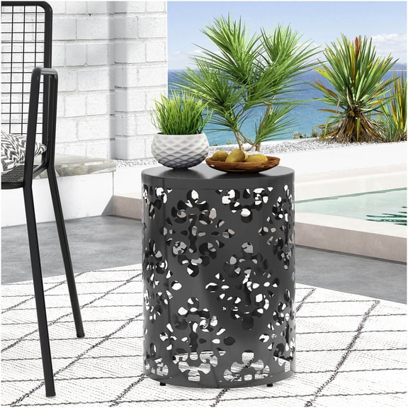COSMOS Black Outdoor Iron End Table with Floral Pattern, Large Side Table for Patio Garden Poolside Decor