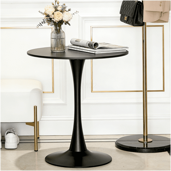 COSMOS Black Round Dining Table with Tulip Base, Modern Kitchen & Living Room Table, MDF Top & Metal Legs, Space-Saving Oval Design for Small Spaces