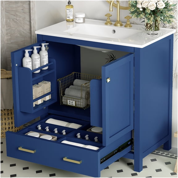 COSMOS Blue 30 Inch Bathroom Vanity with Single Undermount Sink, 2 Door Storage Cabinet with Drawer, Soft Close Hinges, Solid Wood Frame