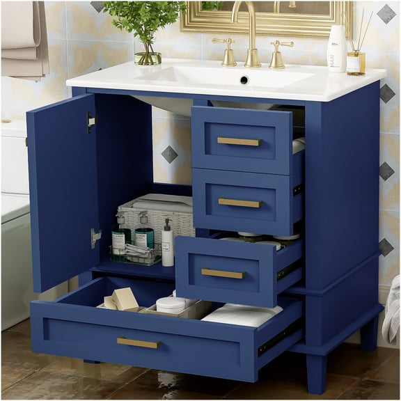 COSMOS Blue 30 inch Bathroom Vanity with Sink, Modern Storage Cabinet with Soft Close Door and 3 Drawers, Solid Wood Frame for Bathroom Organization