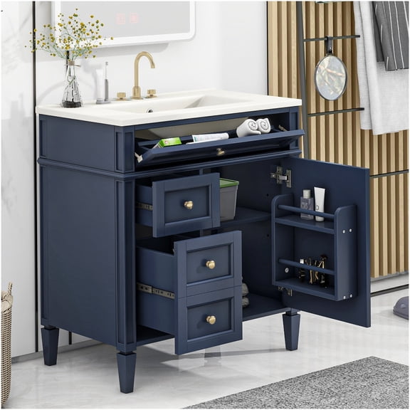 COSMOS Blue 30 inch Modern Bathroom Vanity with Ceramic Sink, 2 Drawers and Tip-Out Tray, Storage Cabinet with Adjustable Shelf for Bathroom Organization