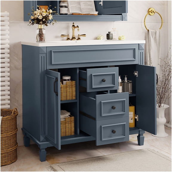 COSMOS Blue 36 inch Modern Bathroom Vanity with Ceramic Sink, Soft Closing Doors and Drawers for Efficient Storage Space