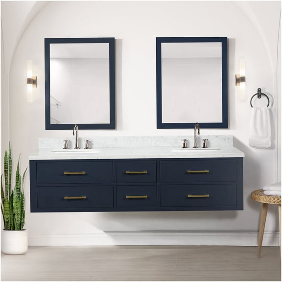 COSMOS Blue Double Bathroom Vanity Set with Carrara Marble Top and Large Mirrors