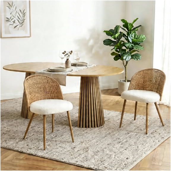 COSMOS Bohemian Medieval Style Expandable Solid Wood Dining Table Set with 2 Brown Wicker Chairs and Cushions
