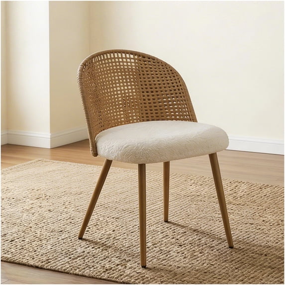 COSMOS Bohemian Modern Rattan Dining Chair Set of 2, Brown Wicker with Beige Cushion, Indoor Boho Kitchen Seating