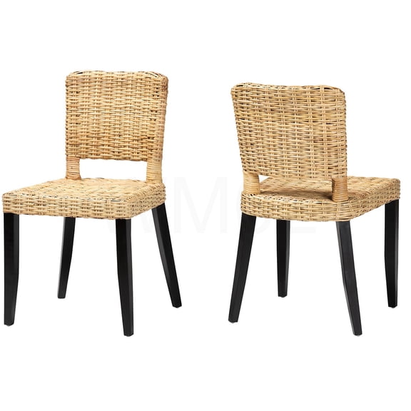 COSMOS Brown Mango Wood Dining Chairs, Set of 2 Bohemian Kitchen Chairs with Rattan Back & Angled Legs