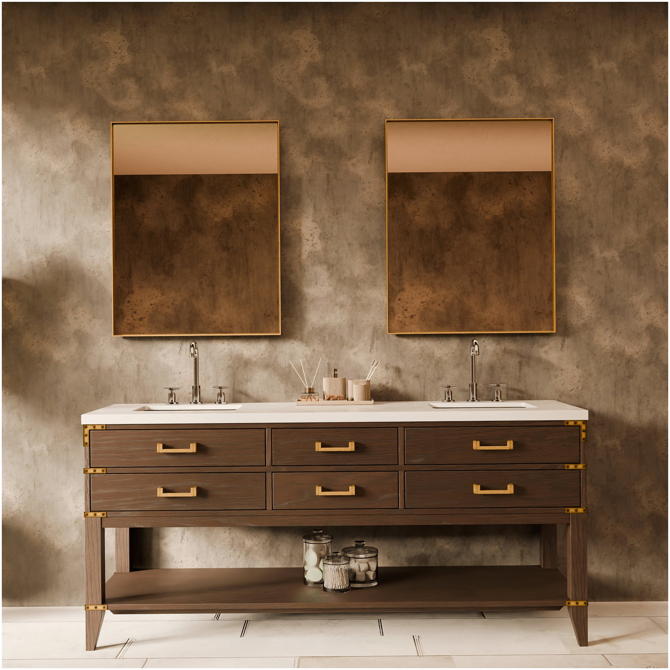 COSMOS Brown Oak Double Sink Bathroom Vanity with White Quartz ...