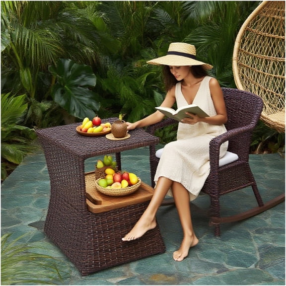 COSMOS Brown Outdoor Side Table with Umbrella Hole, Weather-Resistant Metal Frame and PE Wicker