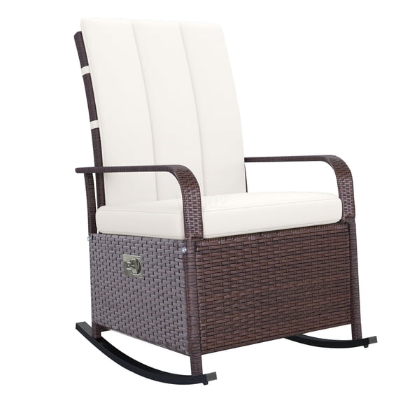 COSMOS Brown Steel Frame PE Rattan Outdoor Rocking Recliner Chair with Adjustable Backrest & Footrest, Cushioned Patio Lounge Chair for Garden, Porch, Backyard