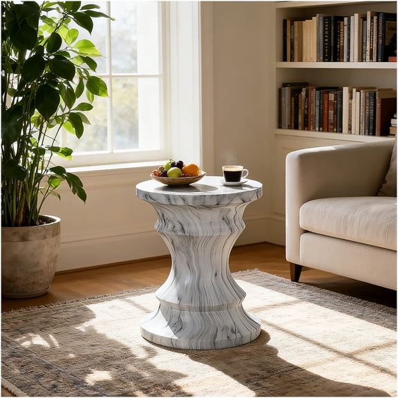 COSMOS Cement Outdoor End Table, Modern Faux Terrazzo Drum Stool for Patio Garden, Small Round Side Table Indoor and Outdoor Use