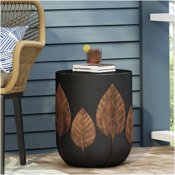 COSMOS Copper Outdoor Lightweight Concrete Side Table with Leaf Pattern, Boho End Table for Patio Garden