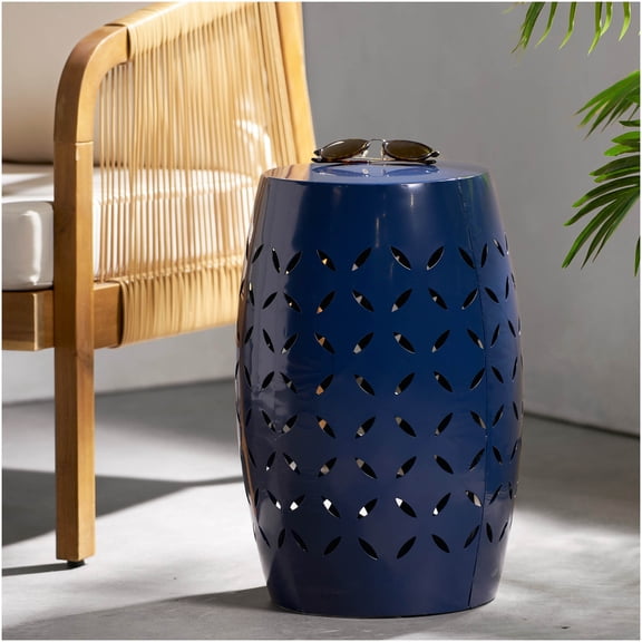 COSMOS Dark Blue Outdoor Indoor Accent Side Table, Lace Cut Design Barrel Shape Metal End Table for Patio Garden Porch