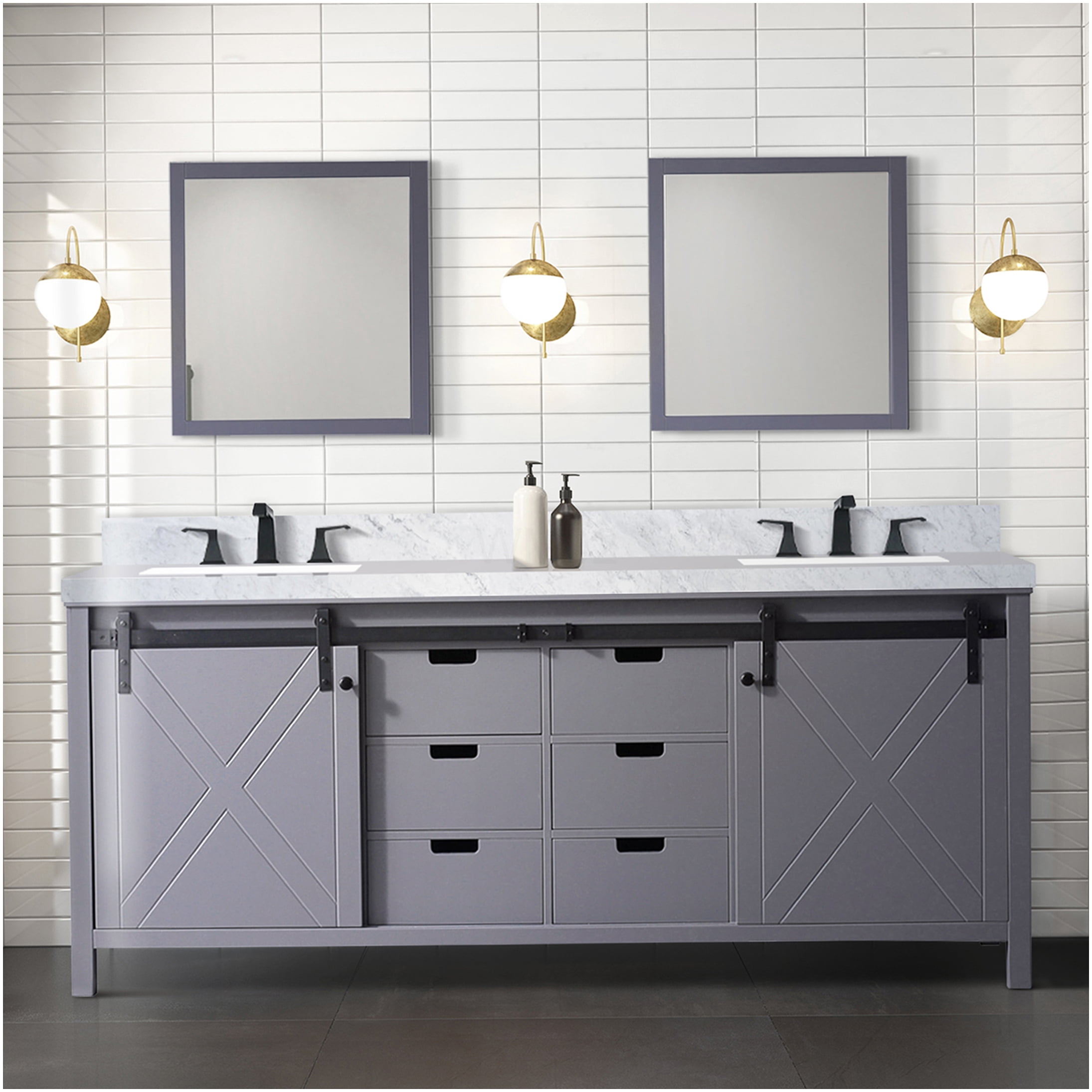 COSMOS Dark Grey Double Sink Vanity with Carrara Marble Top and Matte ...