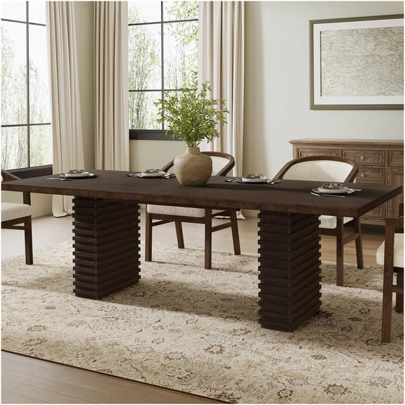 COSMOS Espresso Brown Modern Farmhouse Dining Table for 8, Solid Wood Top with Double Pedestal Base, Industrial Style Kitchen Table