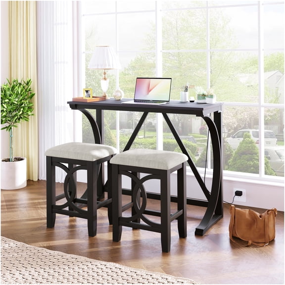 COSMOS Espresso Farmhouse Counter Height Dining Table Set with USB Ports, Upholstered Stools, Modern Kitchen Bar Set