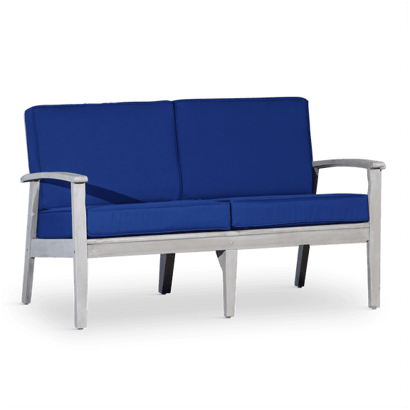 COSMOS Eucalyptus Wood Outdoor Loveseat with Navy Cushions, Silver Gray Patio Settee for Garden