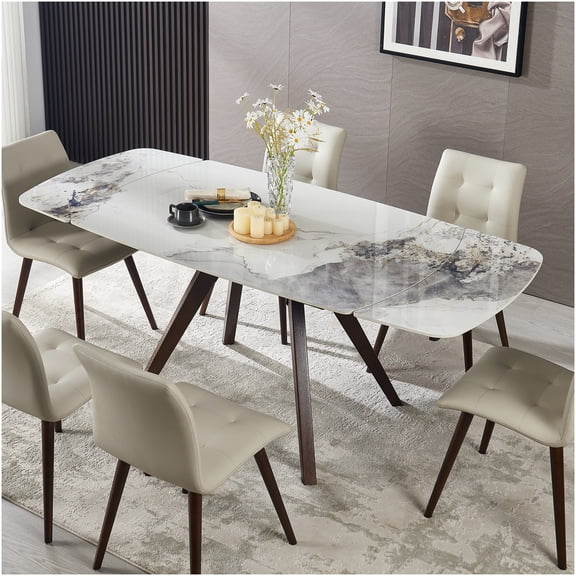 COSMOS Expandable Dining Table for 8-10, Sintered Stone Top with Heat & Scratch Resistance, Solid Wood & Metal Base, Beige White