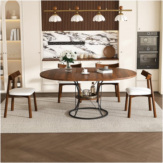 COSMOS Expandable Round Dining Table Set for 4-6, Walnut Veneer Top ...