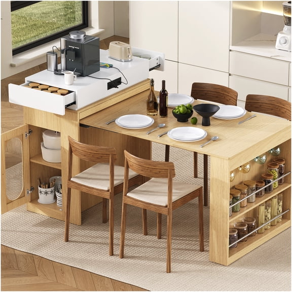 COSMOS Extendable Dining Table with Folding Leaf, Kitchen Island on Wheels with Storage Drawers, Power Outlet, and Sideboard Function, Natural Wood and Cream White Finish