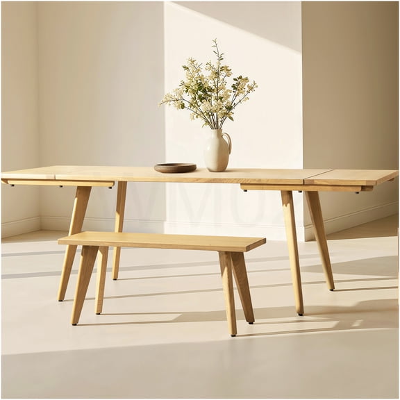 COSMOS Extendable Red Oak Dining Table with 2 Leaves, Natural Brown Finish, Seats 4-6, Mid-Century Modern Design