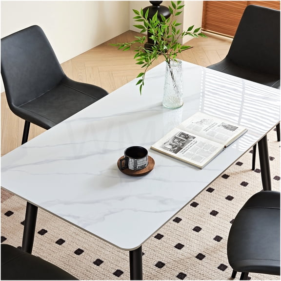 COSMOS Features a large 55-inch rectangular ceramic tabletop in a warm cream shade for a spacious dining surface.