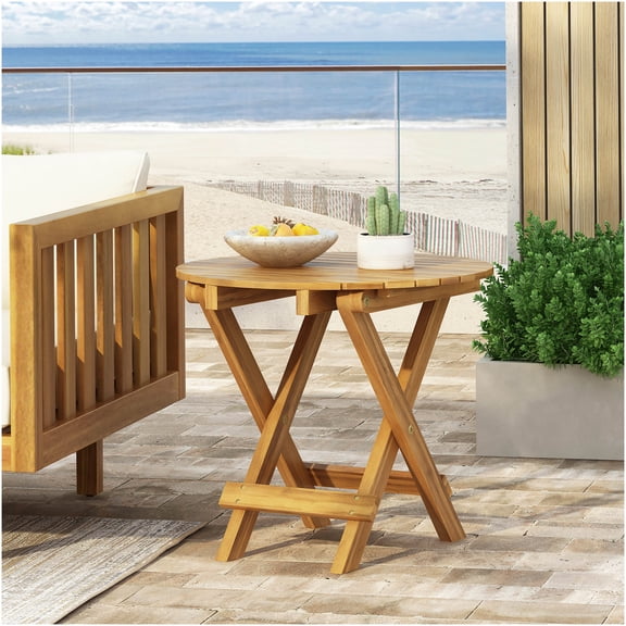 COSMOS Foldable Acacia Wood Side Table, Teak Finish Adjustable Length No Assembly Needed for Indoor Outdoor Use