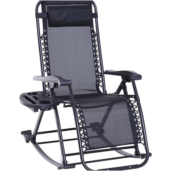 COSMOS Foldable Anti Gravity Recliner Rocking Chair with Cup Holder and Pillow, Black Steel Outdoor Lounge Chair