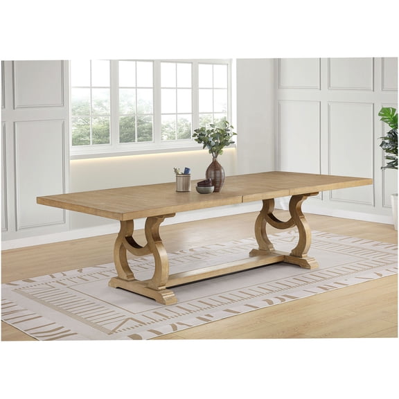 COSMOS Fremont Brown Rectangular Dining Table with Trestle Base - Expandable Farmhouse Style Wood Table