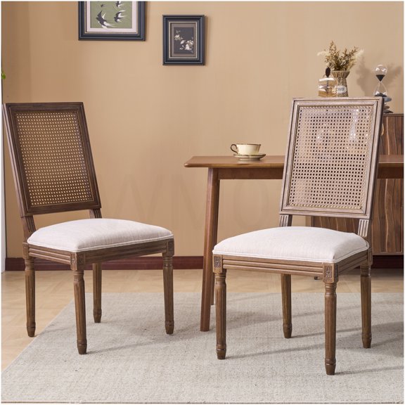 COSMOS French Country Dining Chairs Set of 2, Upholstered Cane Back Kitchen Chairs with Fluted Legs, Solid Rubberwood Frame in Weathered Beige and Walnut Finish