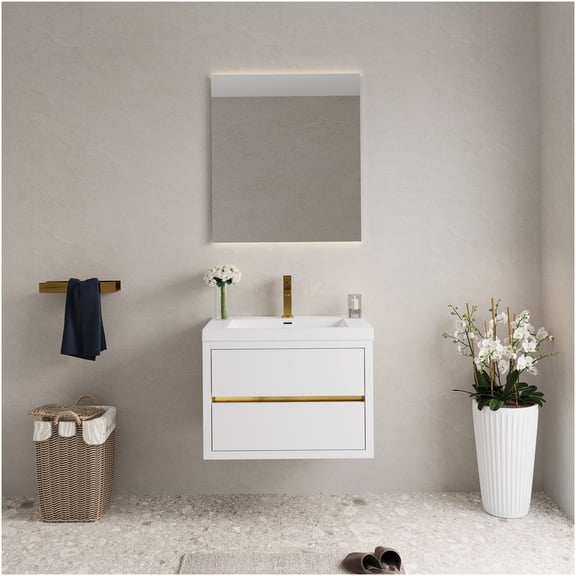 COSMOS Glossy White 30 inch Floating Bathroom Vanity with Sink, Pre-Assembled Wall Mount Storage Cabinet with Stone Resin Countertop and Soft Close Drawers