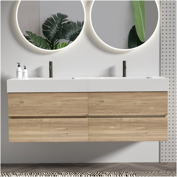 COSMOS Grace 60" Floating Bathroom Vanity with White Quartz Sink and Soft-Close Drawers, Modern Oak Wall Mount Storage Cabinet with High Gloss Basin