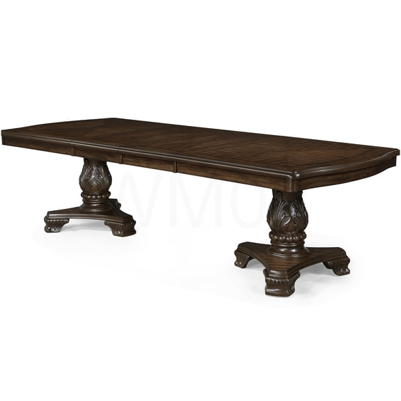 COSMOS Grand Extendable Rectangular Dining Table for 8, Solid Wood, Double Pedestal Base, Traditional Style, Dark Coffee Brown Finish