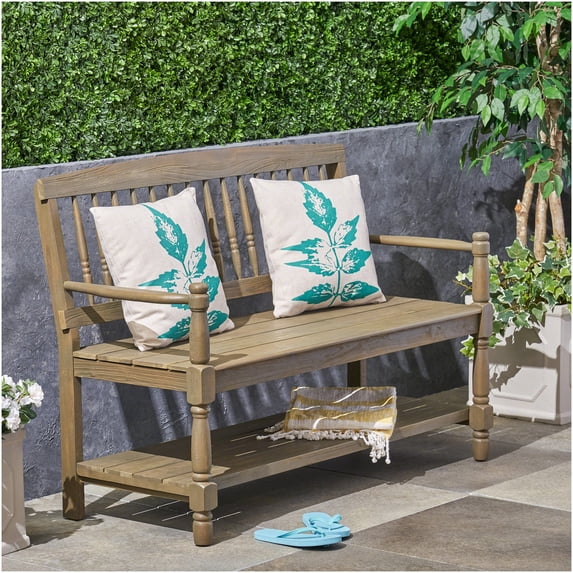 COSMOS Gray Acacia Wood Farmhouse Bench with Storage Shelf, Sturdy Wooden Entryway Bench for Kitchen, Hallway, Living Room