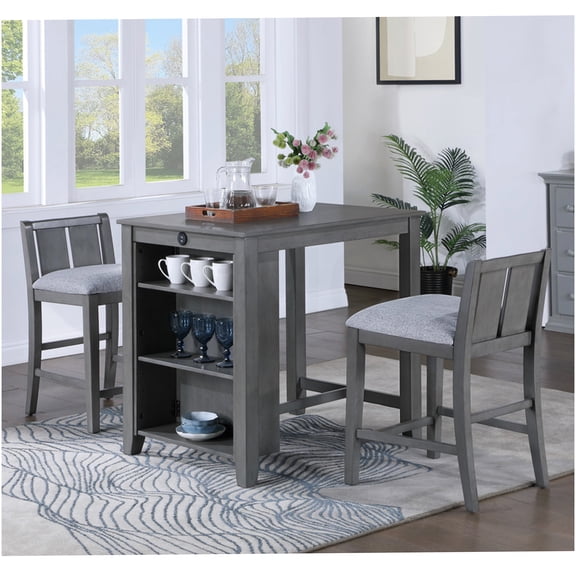 COSMOS Gray Counter Height Dining Set with 2 Chairs and Storage Shelves, Small Space Kitchen Table with USB Ports