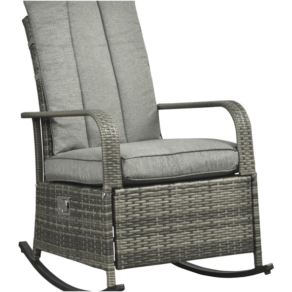 COSMOS Gray PE Wicker Outdoor Rocking Recliner Chair with Adjustable Footrest & Removable Cushions