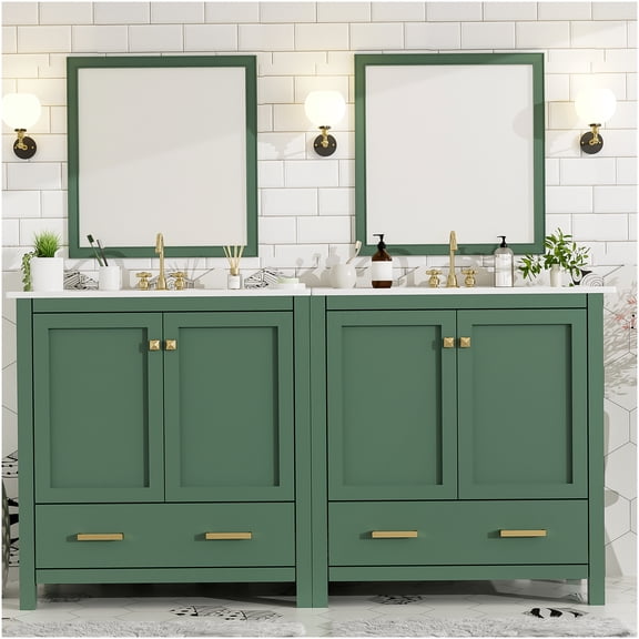 COSMOS Green 60 Inch Double Sink Bathroom Vanity Set with Separate Cabinets, Ceramic Sinks, Storage Shelf & Divided Drawers, Freestanding Modern Design for Master Bath